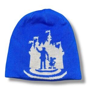 Disney World Beanie Cap Walt Mickey Mouse Cinderella Castle Hat Knit Blue